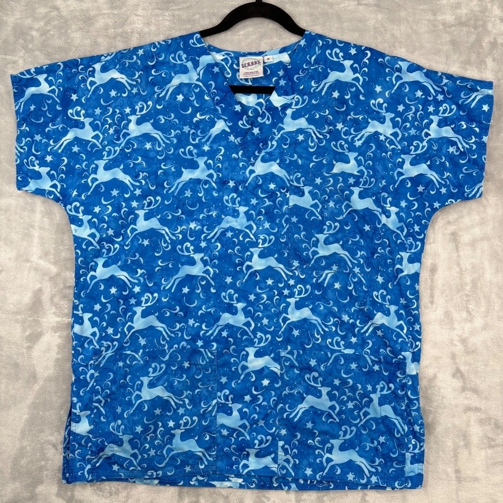 SCRUBS Scrub Christmas Top Blue Reindeer Print Holiday Festive V-Neck Medium